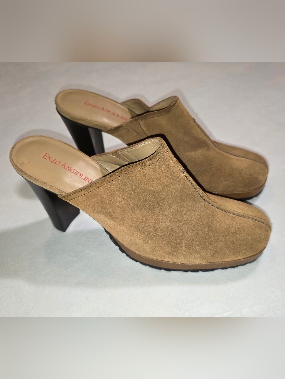 Enzo Angiolini EA Flexo Camel Suede Platform Mules Heels Size 8.5